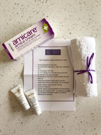 Botox post treatment care. arnica cream. Face cloth. Notes for post treatment care